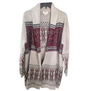 Style & Co Black/Beige/Red Aztec Pattern Long Open Cardigan Yarn Tassels Sz XL